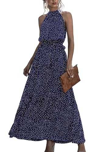 EFOFEI Women Boho Floral Flowy Dress Cocktail Evening Dress Beach Holiday Wedding Dress Halter Neck Maxi Dress