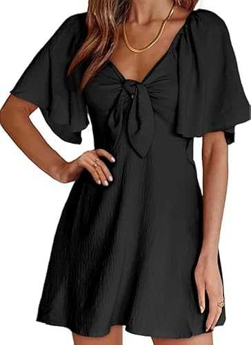 Naggoo Tie Knot Womens Dresses Deep V Neck Summer Dress Flowy Mini Dress Short Sleeve Elegant A-Line Cocktail Dresses