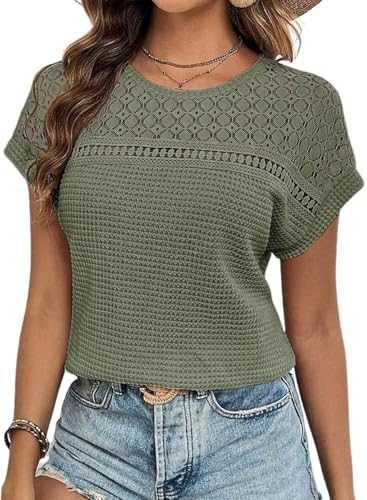 Chicrise Womens Summer Tops Lace Short Sleeve T Shirts Round Neck Casual Blouse Loose Fit