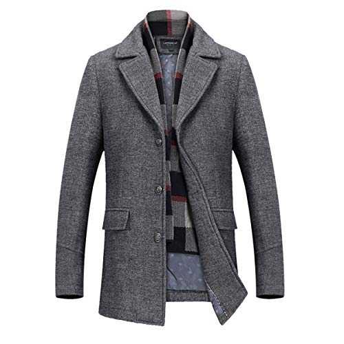 INVACHI Men's Regular Fit Wool Blend Pea Coat Warm Winter Trench Coats Business Jacket With Detachable Soft Touch Wool Scarf
