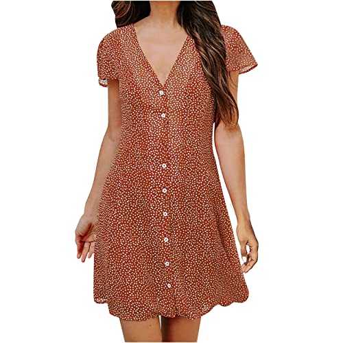 AMhomely Summer Dresses for Women UK Clearance Elegant Casual V-Neck Dot Print Short Sleeve Mini Dress for Special Occasions Ladies Maxi Dresses Plus Size Petite Sexy Dress UK Size