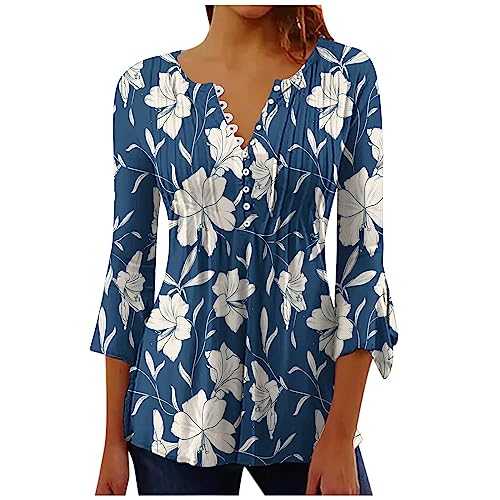 Women's Summer Swing Tops Casual 3/4 Long Sleeve Tunic Tops V-Neck T-Shirt Blouse Button Up Tunic Ladies Tops Flowy Short Sleeve T-Shirts Comfortable Holiday Elegant Blouse for Spring Summer Fall