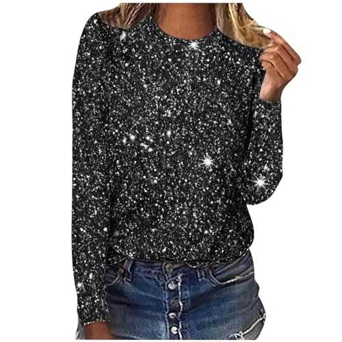 Mrat Sparkly Sweatshirts Sale Round Neck Sweatshirt Long Sleeve Tunic Tops Glitter T Shirts Plain Pullover Trendy Sparkling Party Top Crew Neck Tee Shirt Ladies Going Out Blouses Work Office