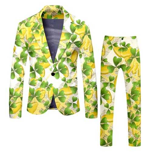 Men's Two Piece Formal Blazer Suit Funny Novelty Suit St Patrick's Day Two Piece Outfits Slim Fit Lightweight Long Sleeve Shamrock Printed Button Down Tunic Jeckets Straight Legs Pants Trousers