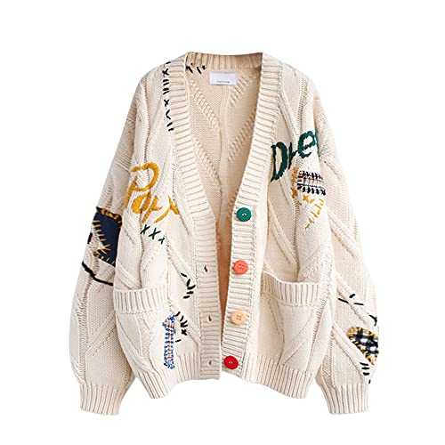 Women's Cable Knit Long Sleeve Open Front Cardigan Sheep V-Neck Button Down Embroidery Wool Blend Sweater Coat Outwear