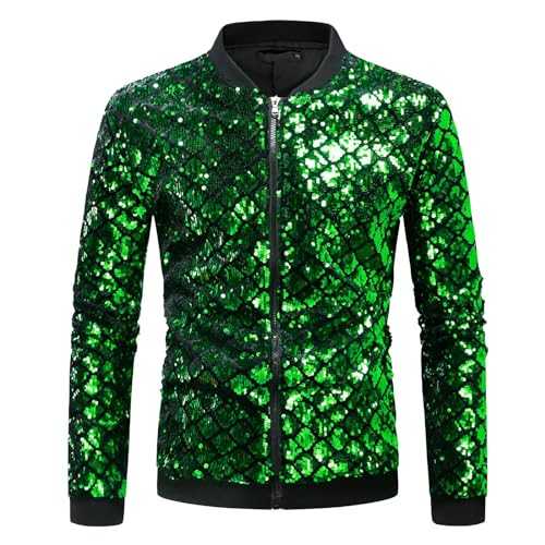 Mymyguoe Men's Shiny Sequin Bomber Jacket Halloween Party Disco Shiny Glitter Sequins Bomber Jacket Metallic Jacket Sequin Shiny Clubwear 70s Disco Costume