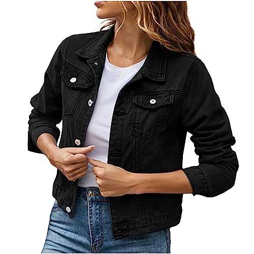 RLEHJN Denim Jackets Women Plain Button Down Crop Jean Cotton Trucker Jacket Loose Fit Work Coat with Pockets Casual Lapel Collar Long Sleeve Outerwear for Spring Autumn Warehouse Clearance