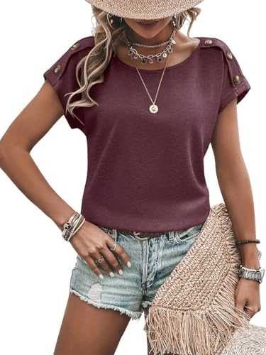 Women's Crewneck Button Decor T Shirts Summer Casual Short Sleeve Tops Loose Fit Tees 2025