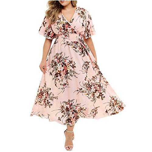 Skang Long Dresses for Women UK Size Plus Fashion Floral Dress Women Casual Sleeve V Neck Short Printed Plus Size Dress Flowy Hemline