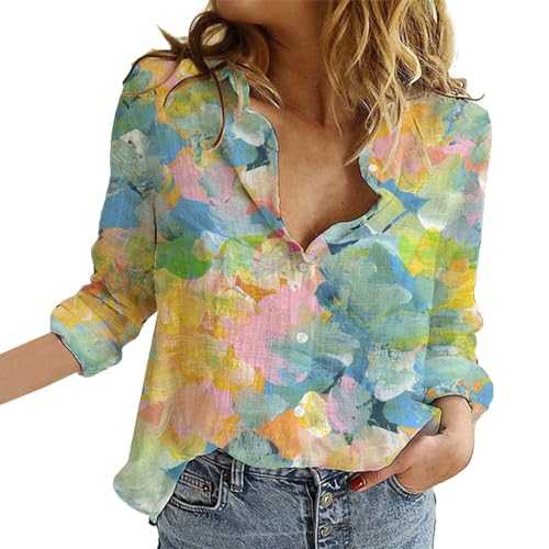 Womens Linen Tops,Womens T Shirt,Flower Print Button Down Long Sleeve Shirt for Women Casual Floral V Neck Graphic Blouses Tops Woman Women's Clothing Shirt
