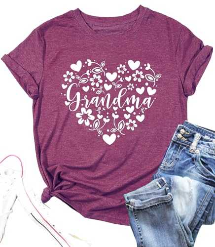 Grandma Tshirts Women Grandmother Life Tee Heart Floral Print Shirts Mama Casual Mother Short Sleeve Top