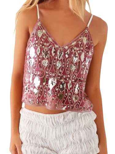 Women Sequin Cami Tops V Neck Sparkle Glitter Backless Shirts Going Out Party Club Sexy Sheer Camisole