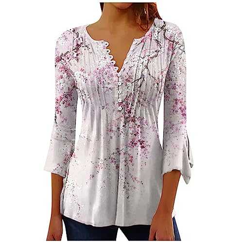 Ladies Tunic Tops Swing Casual 3/4 Long Sleeve Tunic Tops V-Neck T-Shirt Blouse Button Up Tunic Ladies Tops Flowy Short Sleeve T-Shirts Comfortable Holiday Elegant Blouse for Spring Summer Fall