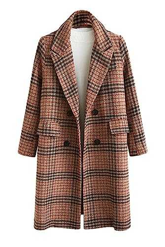 CHARTOU Women's Winter Oversize Lapel Collar Woolen Plaid Double Breasted Long Peacoat Jacket