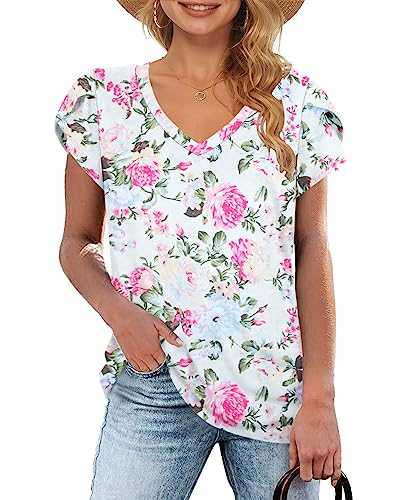 WNEEDU Womens Summer Tops V-Neck Short Sleeve T Shirts Basic Tee