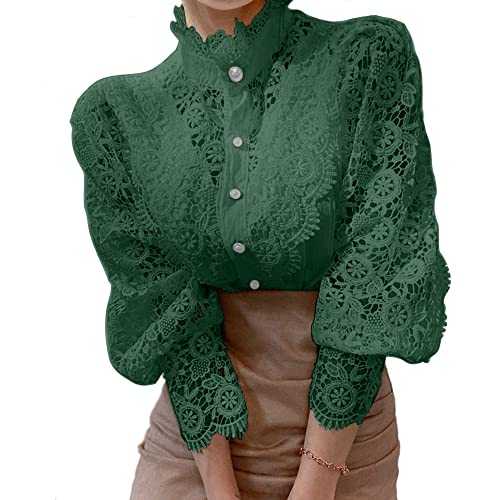 Women’s Elegant Lace Trim Shirts Casual Victorian Blouse Long Sleeve Button Down Tops