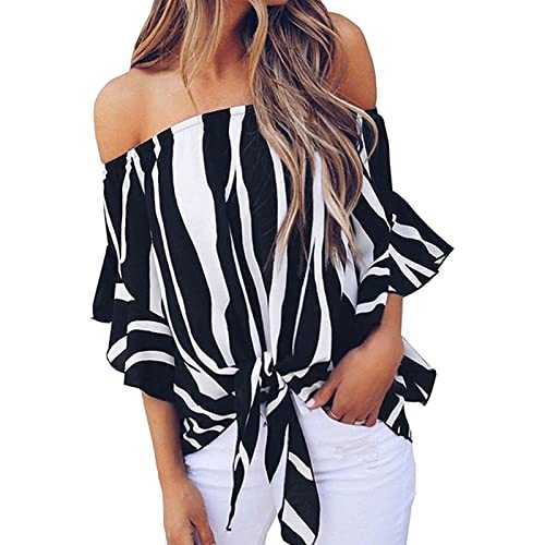 POMTIMCO Womens Off Shoulder Tops Summer Bell Sleeve Blouses Printed Tie Front Shirt