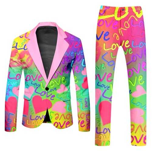 NHNKB Leisure Suit for Men 2-Piece Two Piece Suit with Long Sleeve Coat and Trousers for Men in Rainbow Colours, Printed Button Placket and Pockets for Holiday Parties Fitness Suit