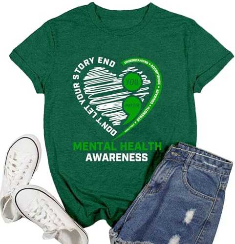 Ascrazy Women Mental Health Awareness Shirt Green Ribbon T-Shirt Inspirational Psychologist Therapist Tee Top