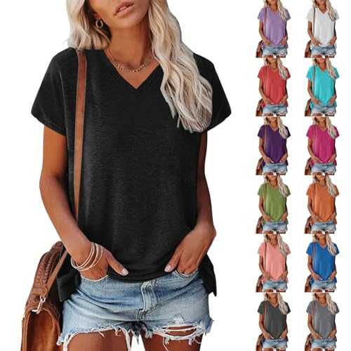 Celucke T Shirts for Women, Casual Crew Neck/V Neck Tops, Ladies Short Sleeve Tee, Solid Color Cotton T Shirts Comfy Loose Tunic Tee, Lightweight Shirts Tops, Womens Tops Basic Summer T Shirts