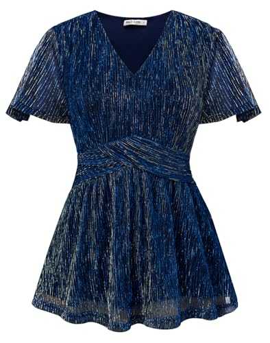 GRACE KARIN Women’s Sequin Tops Short Ruffle Sleeve V-Neck Smocked Waist Peplum Blouse with Lining
