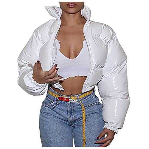 Womens Wet Look Cropped Puffer Jacket Vinyl High Shine Puffer Quilted Winter Coat PVC PU Shiny Sequins Parka Down Puffy Bubble Coat Solid Color Fashion Outerwear Gifts for Women (White, S)