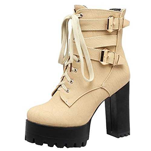CUTEHEELS Women Lace-up Platforms Ankle Boots with High Block Heels