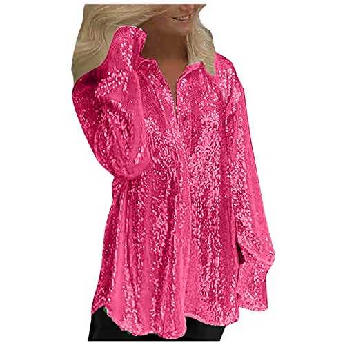 ANHATUIV Women's Sequin Blouses & Shirts Sparkly Sequin Tops for Women UK Long Sleeve Sexy Deep V Neck Bling T Shirts Tops Loose Casual Festival Themed Party Night Out Shimmer Glitter Shirts
