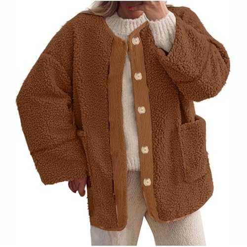 Teddy Fleece Jacket Women Winter Warm Button Coat Breathable Sherpa Wool Microfleece Ladies Jacket Casual Long Sleeve Oversized Y2k Baggy Tops Travelling Outdoor Sport Lightweight Coats