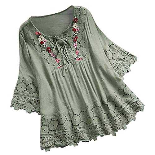 Tunic Tops for Women UK Plus Size 16-30 Cotton Linen Embroidered Top Lace V Neck 3/4 Sleeve T Shirts Summer Oversized Blouse Pullover Shirts Boho Peasant T-Shirts Trendy