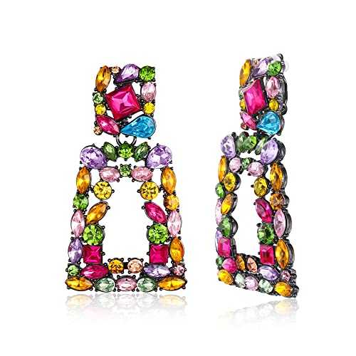 EVER FAITH Rectangle Clip-on Drop Earrings for Women, Sparkly Rhinestone Crystal Geometric Statement Non Pierced Earrings