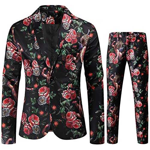 NOAGENJT Men Suits Fashion Casual 2 Piece Set Love Printed Coat Jacket Pants Suit Comfortable Soft Vest Pant 2 Piece Set Slim Fit for Men