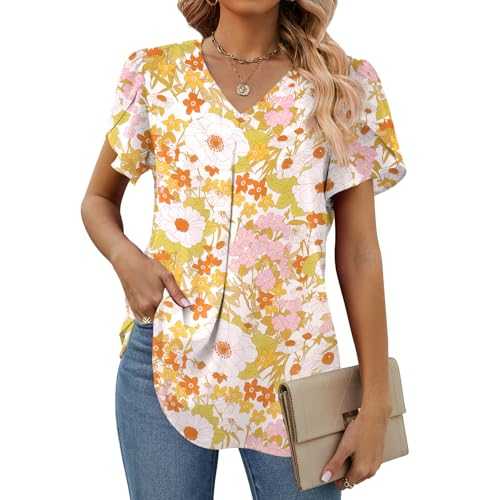 Funlingo Women's Summer Tops Short Sleeve Dressy Chiffon Blouses V Neck Work Tunic Tops Casual Loose T-Shirts