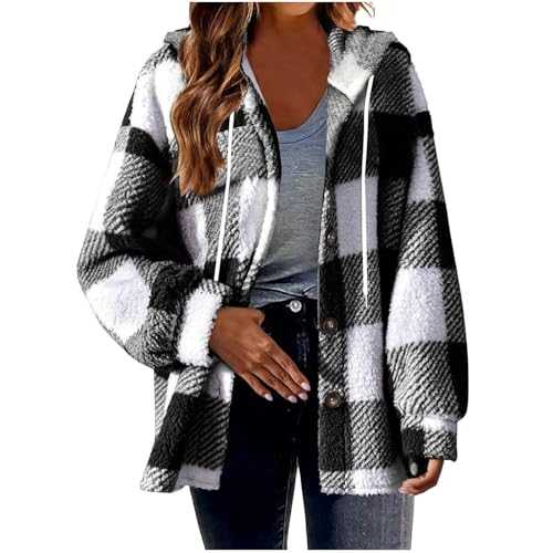 Zeiayuas Plaid Fleece Shacke Women UK Sale Clearance Winter Tartan Jacket Flannel Woolen Button Down Pea Coats Ladies Fluffy Fuzzy Shirt Lapel Pocket Checked Tops Teddy Bear Coat Plush Thicken Coat