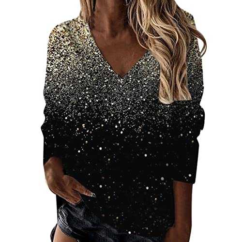 Women Sparkly Sequin Printed Top Shirt Loose V Neck Long Sleeve Blouse Fashion Casual T Shirt Tops Women Elegant Top Shirts Pullover Y2k Blouses Slim Fit Fitness Tunic Rave Outfits Carnival Outfits