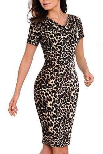 HOMEYEE Women's Elegant Contrast Colour Short Sleeve Summer Business Pencil Dress B452 - Brown - Medium