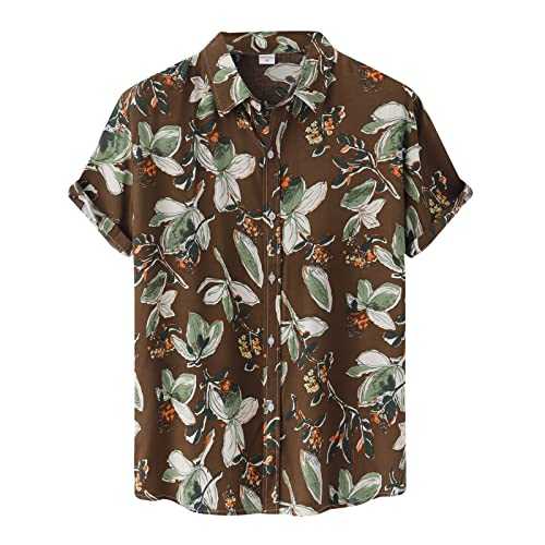 Men's Casual Shirts Floral Printed Shirt Short Sleeve Single Breasted Turn-Down Collar Shirt Soft Formal Shirt for Men, brown, M