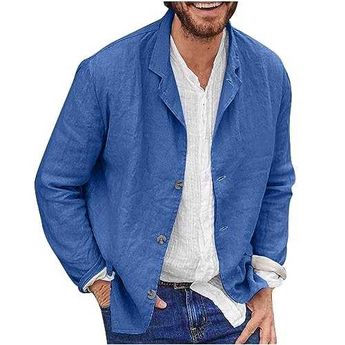 Jackets for Men UK Sale Clearance Plain Cotton Linen Coat Casual Button Down Jacket Long Sleeve Tops with Pockets Turn-Down Collar Shirt Solid Color Cardigan Thin Sportwear Lightweight Outerwear