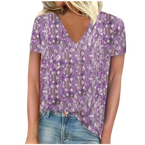 Blouses for Womens UK Plus Size V Neck Ladies Tops Elegant Floral Blouse Shirts Summer Shirts Tunic Tops Short Sleeve Casual T Shirts Soft Stretch Comfortable Blouses for Holiday Vacation