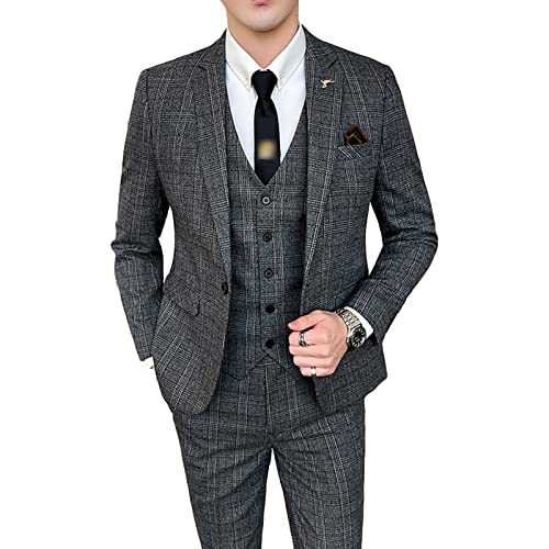 3 Piece Checked Suit for Men Slim fit 1 Button Business Wedding Prom Suits Blazer Tux Vest Trousers Tuxedo Set