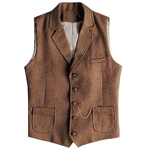 AeoTeokey Men's Western Herringbone Tweed Suit Vest Wool Slim Fit Waistcoat