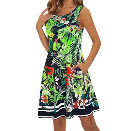 HOOUDO Women’s Sleeveless Summer Dresses Loose Fit V Neck Beach Dresses Knee Length Holiday A Line Tank Dresses Vintage Sexy Shirt Dresses Sundresses Longline Casual Boho Dresses
