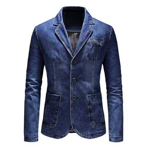 UIKIFY Mens Three Button Denim Suit Jacket Slim Fit Autumn Blazer Coat Lapel Vintage Jean Suits Jackets Classic Business Multi-Pocket Blazers Classic Collar Coat Cowboy Jackets Sportwear