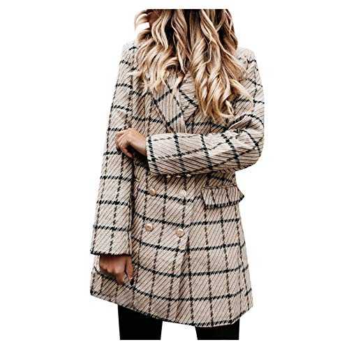 IQYU Trench Coat Women's Elegant Coat Women's Checked Winter Long Sleeve Wool Jacket Lapel Wool Coat Classic Blazer Jacket Checked Business Blazer Coat Women Wool Jacket Autumn Winter Cross-Country