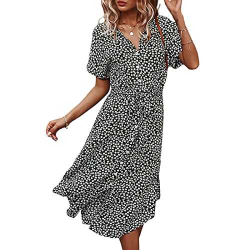 Women Summer Floral Button Up Loose Dress Lapel Short Sleeve Casual Front Tie Bohemian Beach Party Midi Dress