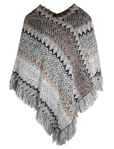ZLYC Women's Vintage Fringe Pullover Shawl Striped Wrap Poncho Cape
