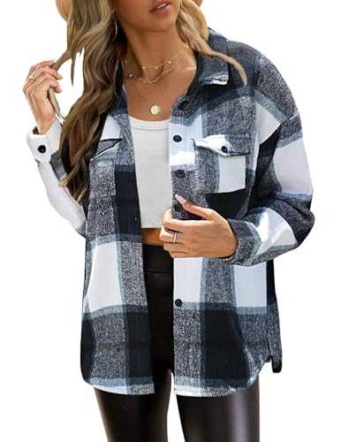 Zeagoo Women Flannel Checked Shirt Button Down Plaid Jacket Casual Coat Long Sleeve Fall Oversize Baggy Shacket with 2 Side Pockets