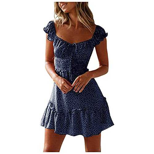 Summer Dresses for Women UK Casual Sweetheart Neckline Puff Sleeve Floral Print High Waist Mini Dress Boho Beach Short Dresses Women's Ruffled A Line Flowy Swing Beach Dress Summer Smocked Sundress