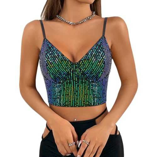Segreto Women's Glitter Sequin Tank Top Sleeveless Spaghetti Straps Sexy Crop Top Festival Party Club Camisole