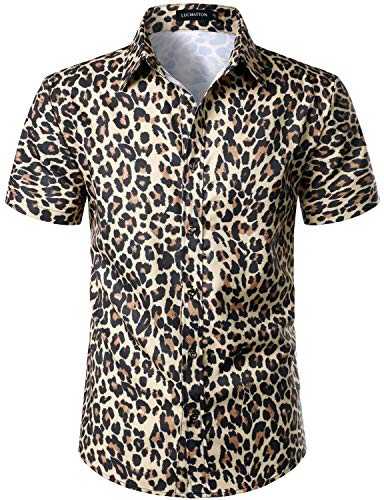 LucMatton Men's Hipster Short Sleeve Button Down Leopard Print Shirt for Club Rock Party